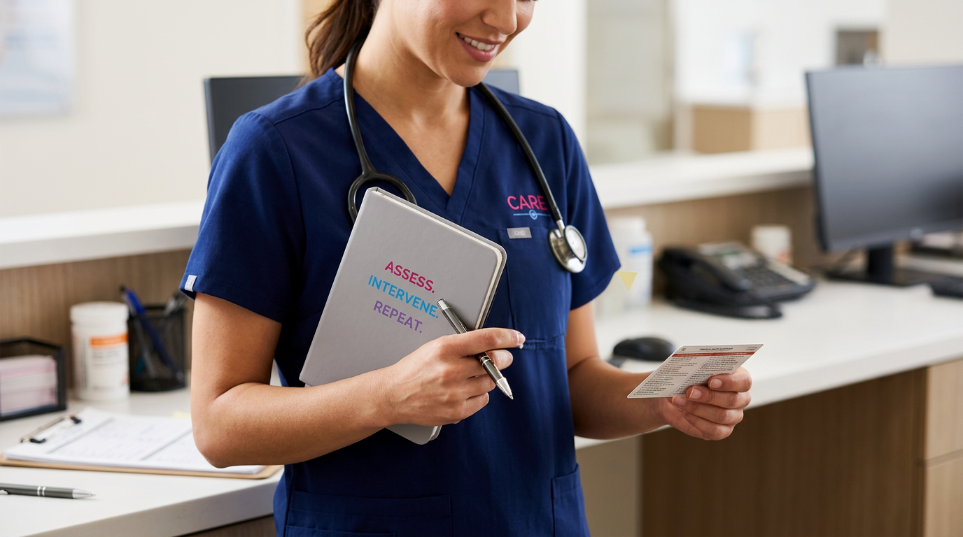 Assess, Intervene, Repeat. Medical Pocket Notebook with Care Pen